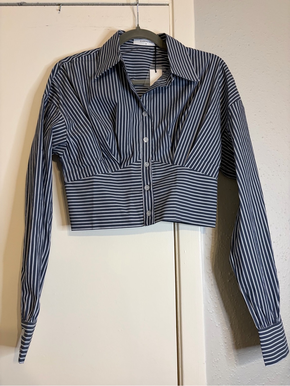 Commense Navy and White Striped Cropped Button-Down Shirt